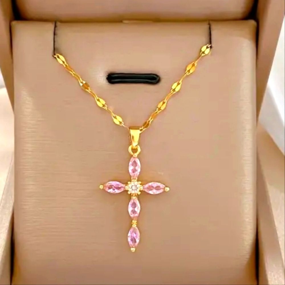 Elegant Pink and Gold Cross Pendant Necklace